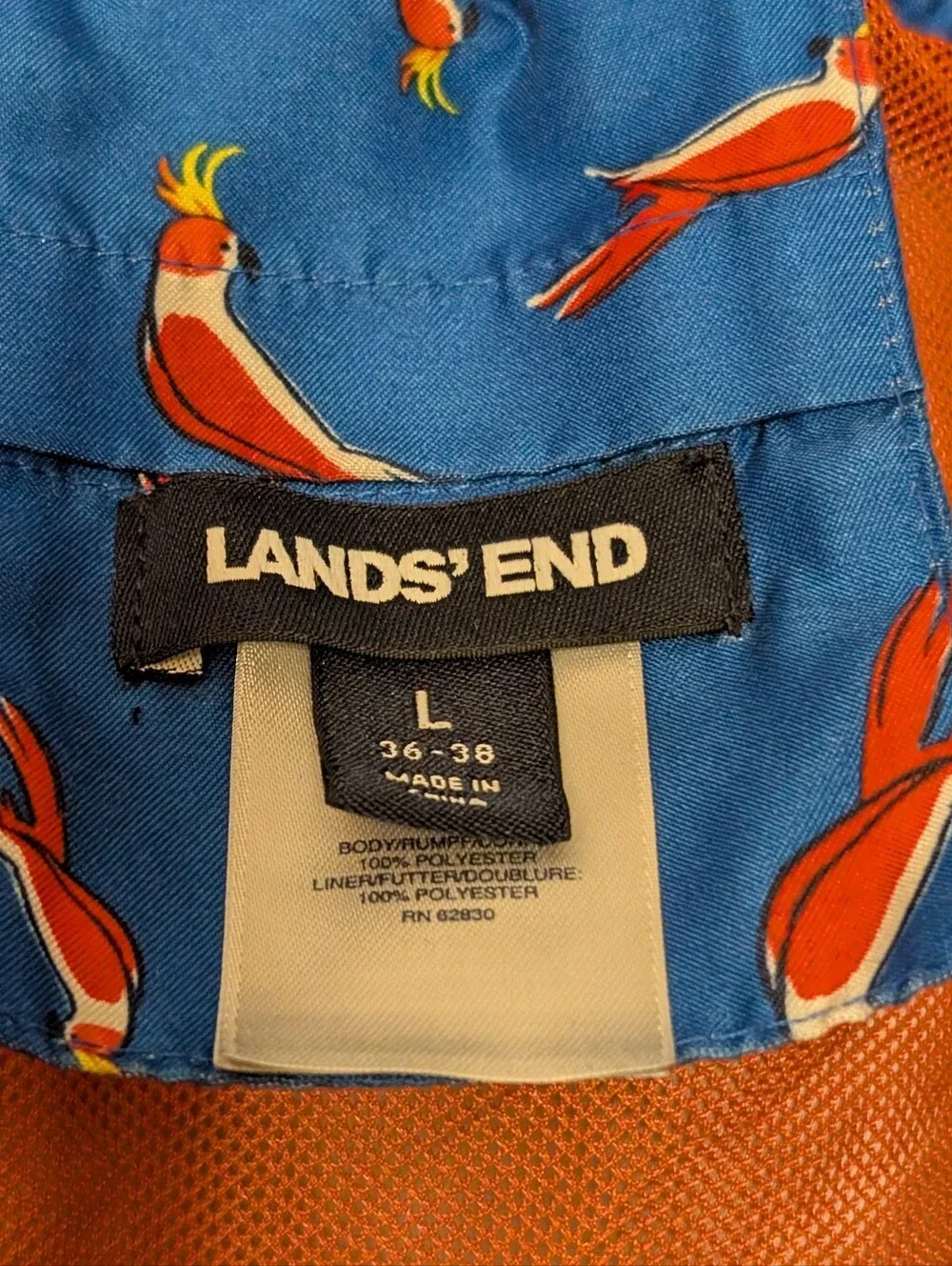 Lands' End Men's Blue Swim shorts Trunks Parrot Bird Print tropical size Large
